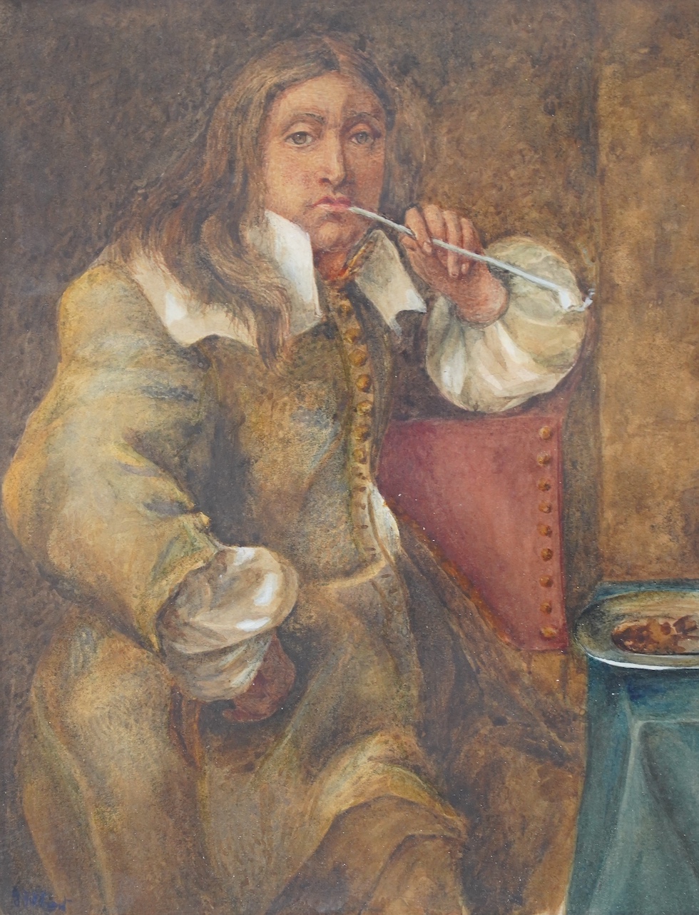 Late 19th century English School, watercolour, Portrait of a 17th century gentleman smoking a pipe, indistinctly signed lower left, 22 x 17cm. Condition - fair